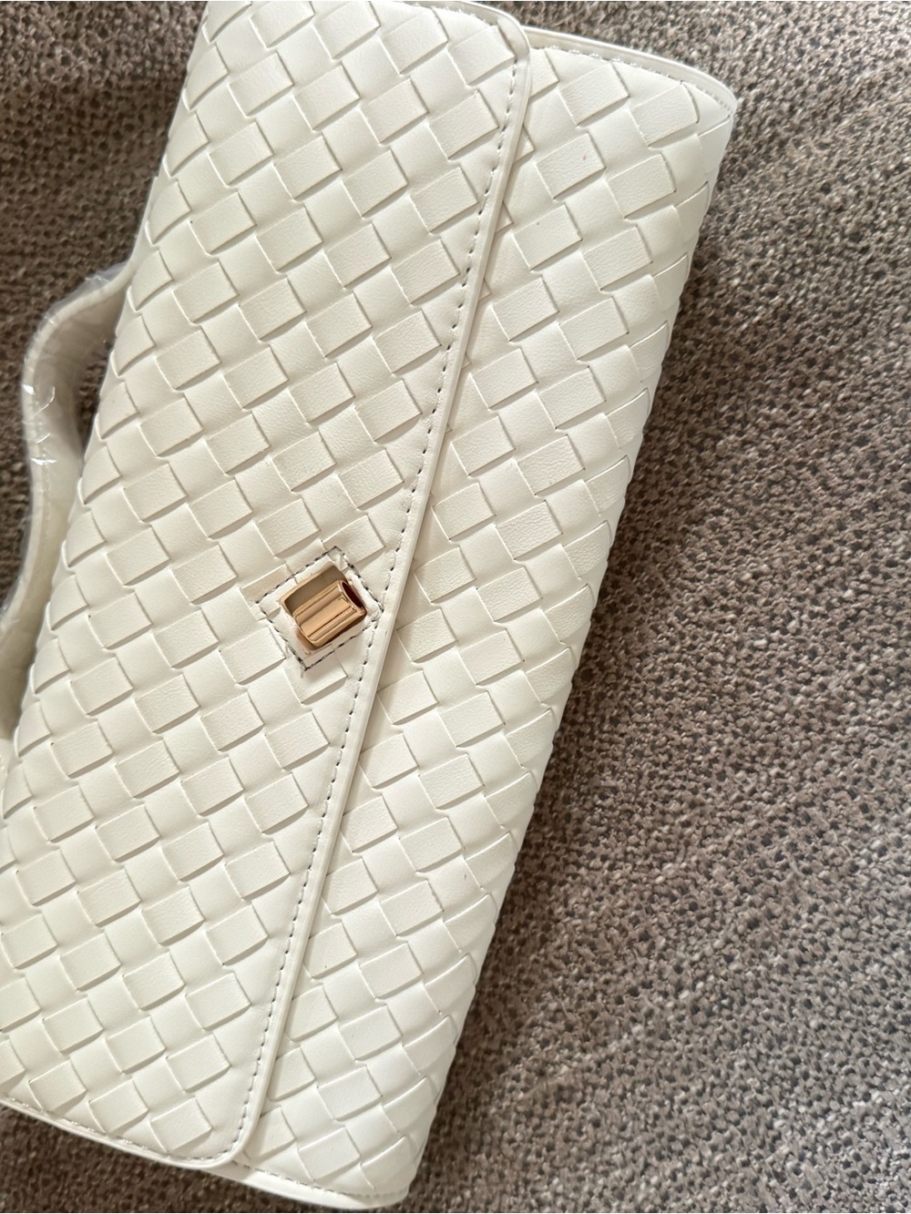 NWT New Moda  Elegant White Woven Leather Clutch with Gold Accent